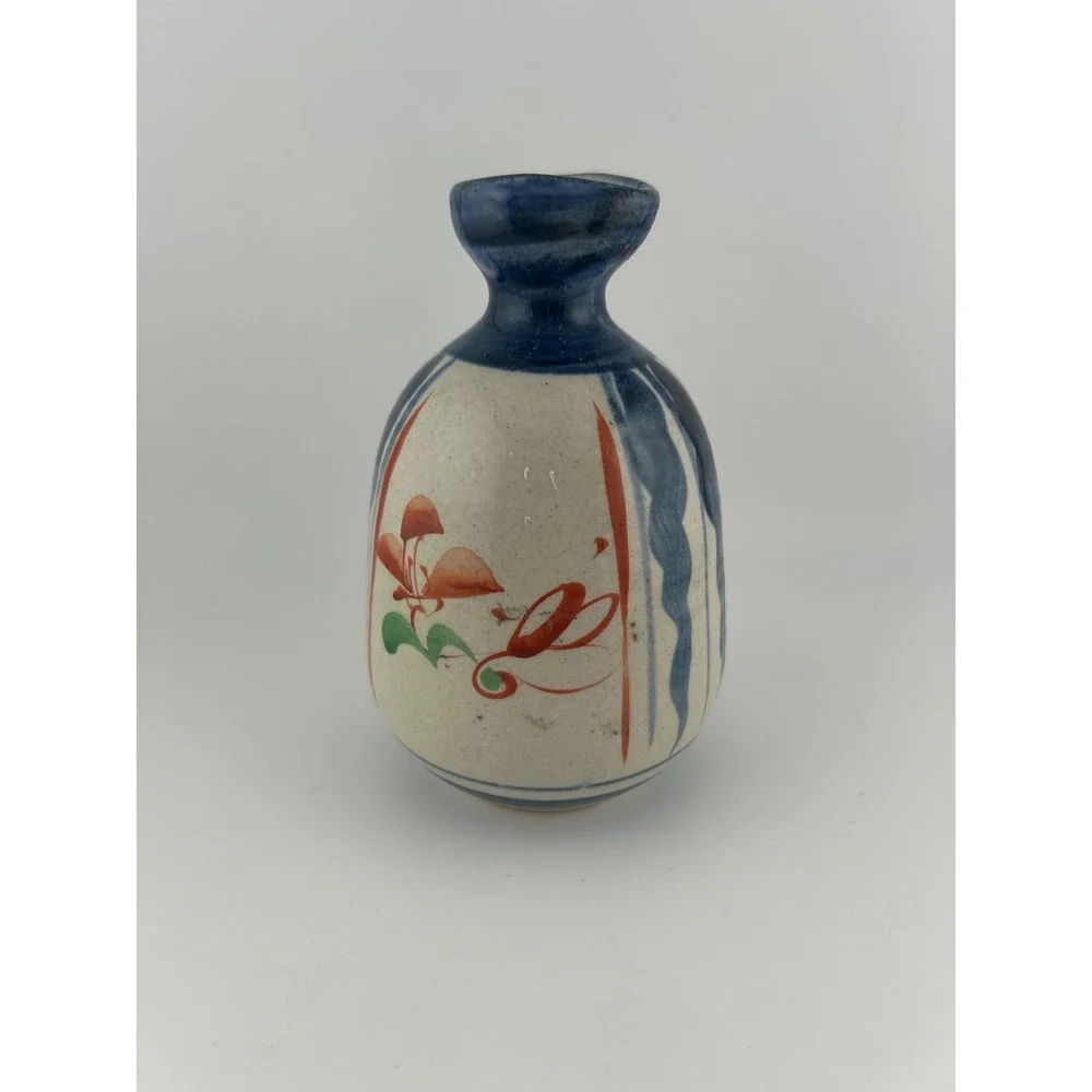Japanese Ceramic Sake Bottle Vintage Mushroom Floral Design Blue White‎
